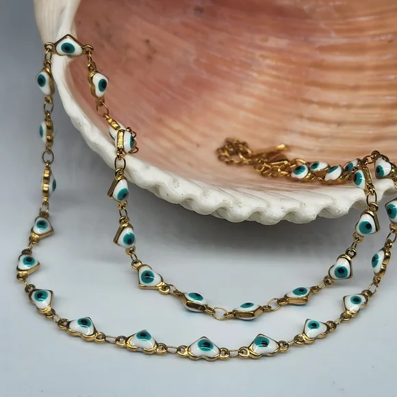 FP Designer Artisan Blue Evil Eye Gold Heart 14k Goldplated Choker Chain